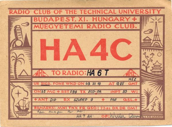 HA4C  A Műegyetemi Radio Club QSL-lapja  1943-ból