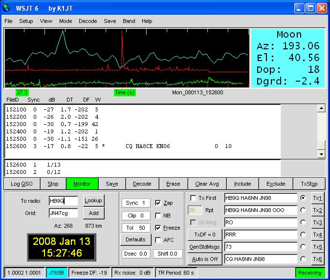 HA8CE calls CQ on 144147 kHz JT65B on 13th January 2007.